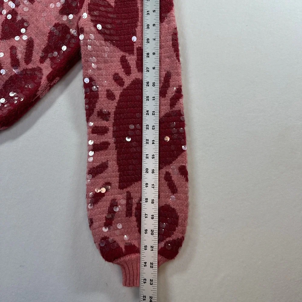 Farm Rio Sequin Hearts Knit‎ Sweater Small Pink Red Wool Blend Love Puff Sleeves
